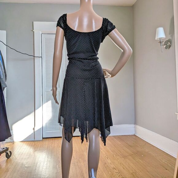 Vintage Y2K Polka Dot Mini Dress Mesh Milkmaid Whimsigoth Handkerchief Hem Large - Picture 9 of 12